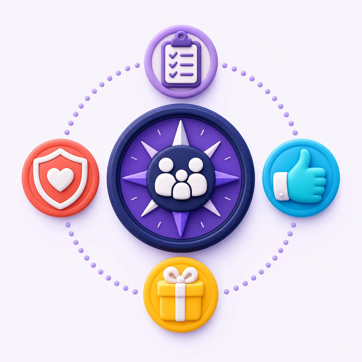 A family mission compass surrounded by symbols for clear missions, approval, rewards, and safety