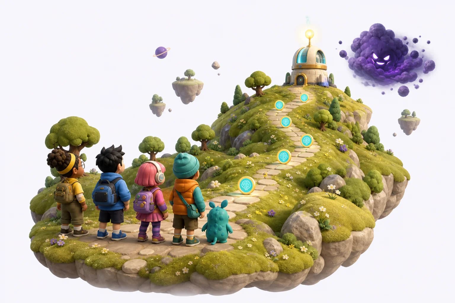 A family team beginning a mission trail across a floating Brainverse island