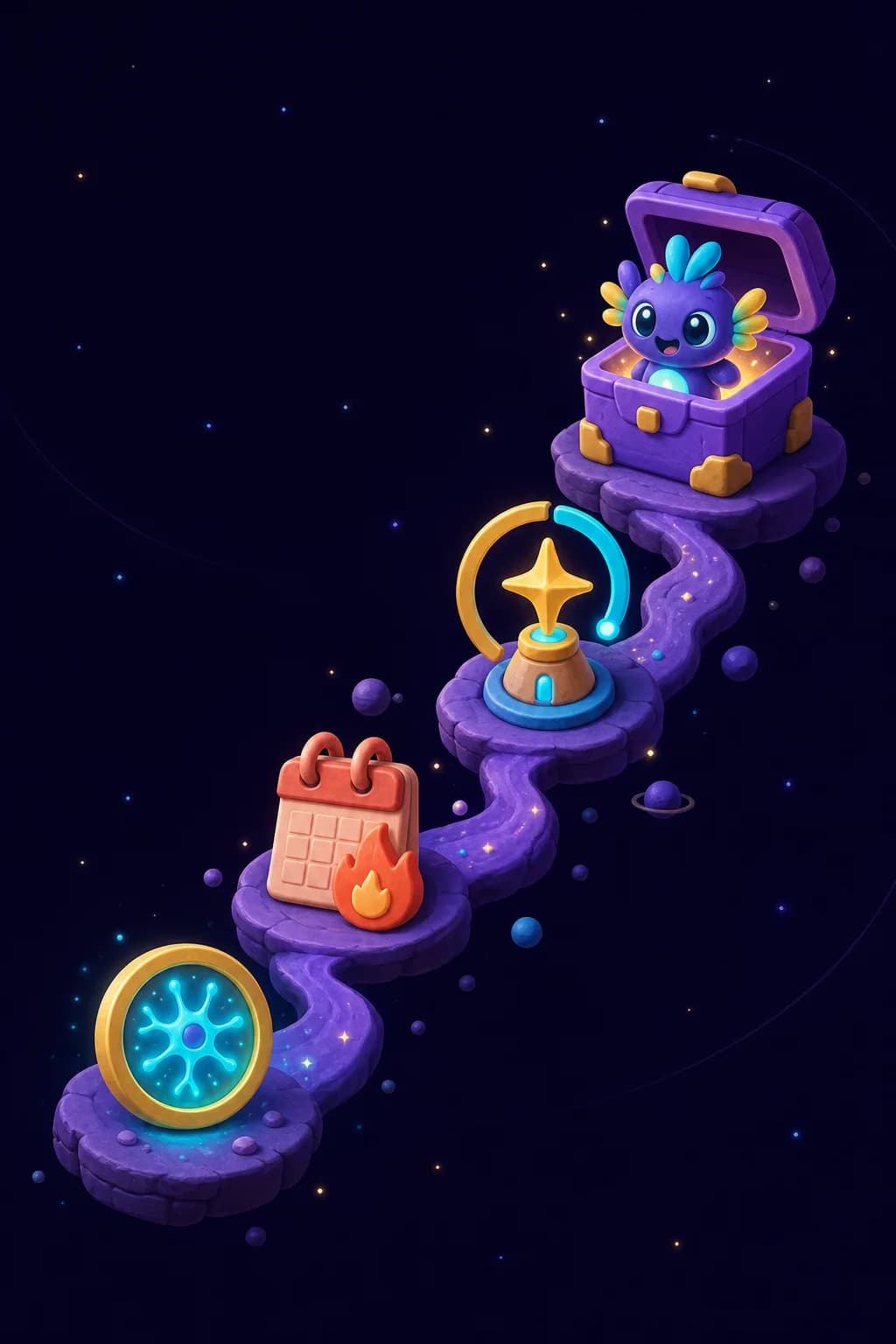 A Brain Cell, streak marker, Goal beacon, and Mystery Box connected by a glowing progress trail